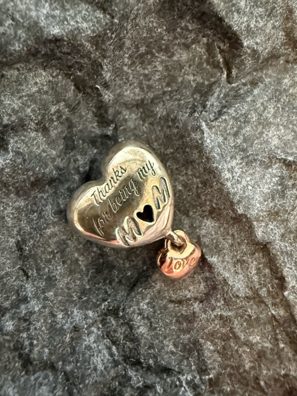 Pandora Silver Heart 'Thanks for being my MOM' Charm with Small Love Dangle